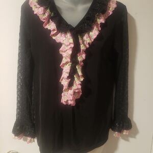 Chic Black Blouse with Pink Ruffle Details